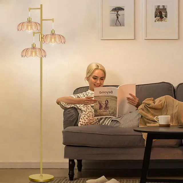 Alt view image 6 of 7 - Dimmable Floor Lamp for Living Room Bedroom-3 Light Gold Floor Lamp with Glass Lampshape, Flower Tall Lamp Mid Century Modern Standing Lamp Glass Tree Floor Lamps for Living Room Bedroom,Corner