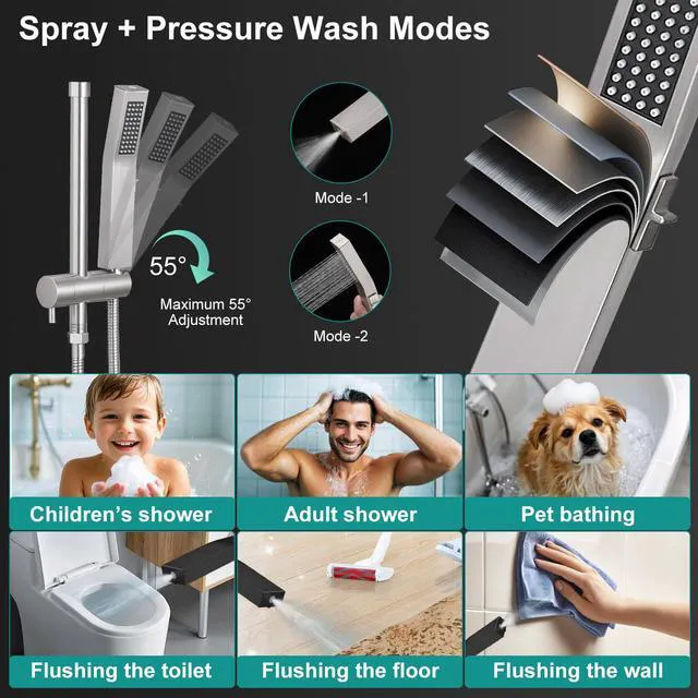 Alt view image 2 of 7 - All Metal 10 Inch Rain Shower Head with Handheld Spray Combo, High Pressure Waterfall Rainfall Square Shower Heads with 16" Adjustable Extension Arm, Dual Showerhead with 3-Way Diverter,Brushed Nickel