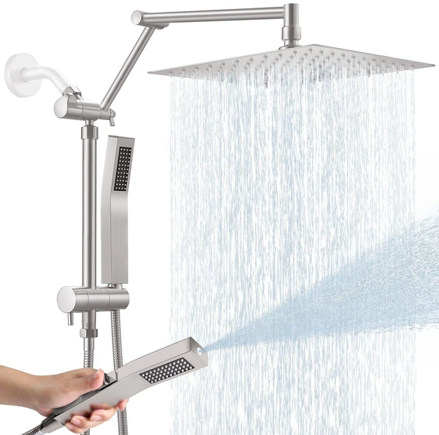 Main image of All Metal 10 Inch Rain Shower Head with Handheld Spray Combo, High Pressure Waterfall Rainfall Square Shower Heads with 16" Adjustable Extension Arm, Dual Showerhead with 3-Way Diverter,Brushed Nickel