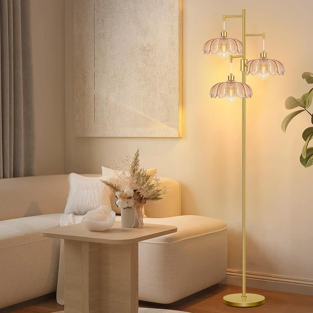 Alt view image 7 of 7 - Dimmable Floor Lamp for Living Room Bedroom-3 Light Gold Floor Lamp with Glass Lampshape, Flower Tall Lamp Mid Century Modern Standing Lamp Glass Tree Floor Lamps for Living Room Bedroom,Corner