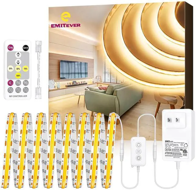 Main image of Warm White COB Strip Light Kit 3000K,16.4ft 2400LEDs,24V Dimmable CRI 90+,305+LM/ft,ETL 48W power supply & remote included,UL listed Strip for living room,kitchen,under cabinet & shelving