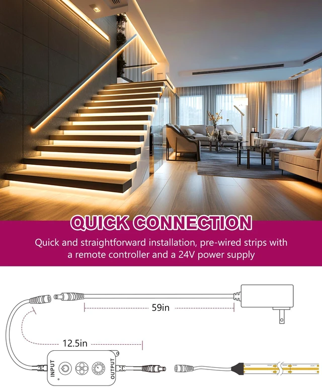 Alt view image 3 of 7 - Warm White COB Strip Light Kit 3000K,16.4ft 2400LEDs,24V Dimmable CRI 90+,305+LM/ft,ETL 48W power supply & remote included,UL listed Strip for living room,kitchen,under cabinet & shelving