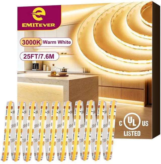 Main image of 24V COB LED Strip Lights 3000K,25ft 3600LEDs,UL Listed Ra 90+,IP30,3W/ft,305+Lumens/ft, (Power Supply Sold Separately)for bedroom,living room,kitchen
