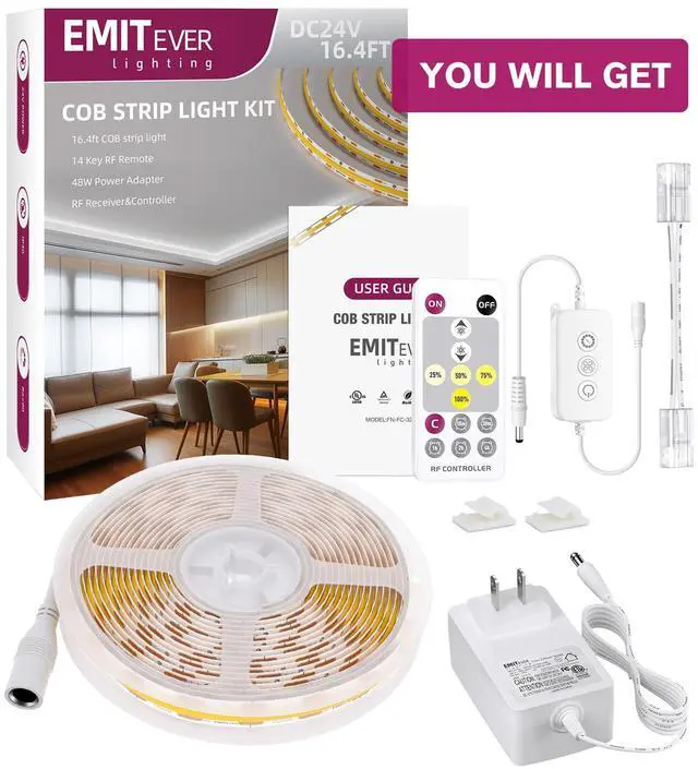 Alt view image 7 of 7 - Warm White COB Strip Light Kit 3000K,16.4ft 2400LEDs,24V Dimmable CRI 90+,305+LM/ft,ETL 48W power supply & remote included,UL listed Strip for living room,kitchen,under cabinet & shelving