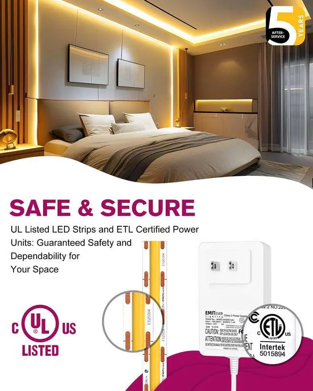 Alt view image 5 of 7 - Warm White COB Strip Light Kit 3000K,16.4ft 2400LEDs,24V Dimmable CRI 90+,305+LM/ft,ETL 48W power supply & remote included,UL listed Strip for living room,kitchen,under cabinet & shelving