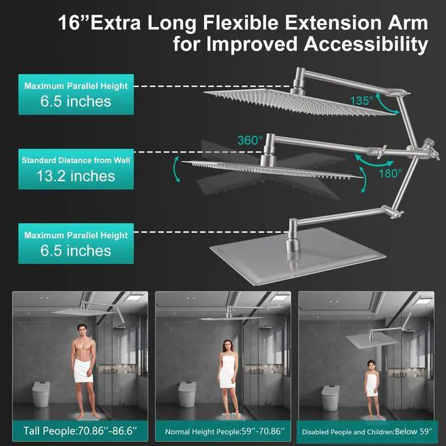 Alt view image 3 of 7 - All Metal 10 Inch Rain Shower Head with Handheld Spray Combo, High Pressure Waterfall Rainfall Square Shower Heads with 16" Adjustable Extension Arm, Dual Showerhead with 3-Way Diverter,Brushed Nickel