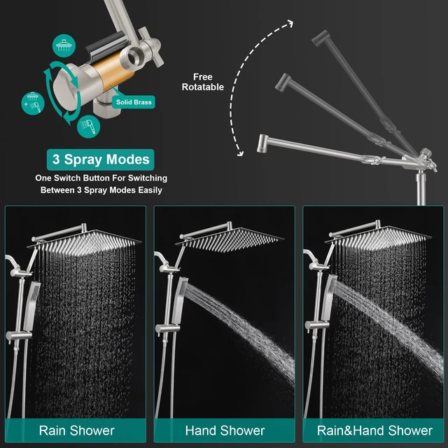 Alt view image 4 of 7 - All Metal 10 Inch Rain Shower Head with Handheld Spray Combo, High Pressure Waterfall Rainfall Square Shower Heads with 16" Adjustable Extension Arm, Dual Showerhead with 3-Way Diverter,Brushed Nickel