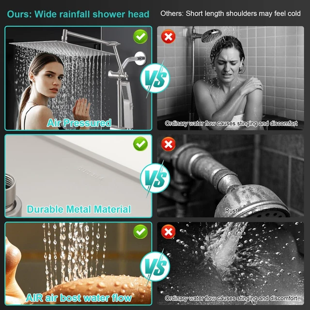 Alt view image 5 of 7 - All Metal 10 Inch Rain Shower Head with Handheld Spray Combo, High Pressure Waterfall Rainfall Square Shower Heads with 16" Adjustable Extension Arm, Dual Showerhead with 3-Way Diverter,Brushed Nickel