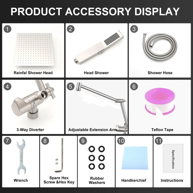 Alt view image 7 of 7 - All Metal 10 Inch Rain Shower Head with Handheld Spray Combo, High Pressure Waterfall Rainfall Square Shower Heads with 16" Adjustable Extension Arm, Dual Showerhead with 3-Way Diverter,Brushed Nickel