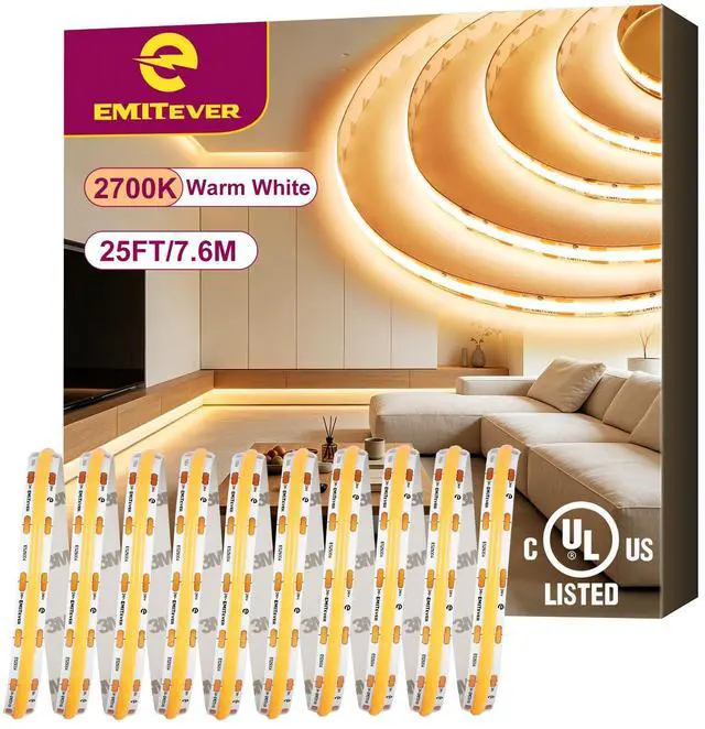 Main image of 24V COB LED Strip Lights 2700K,25ft 3600LEDs,UL Listed Ra 90+,IP30,3W/ft,305+Lumens/ft, (Power Supply Sold Separately)for bedroom,living room,kitchen