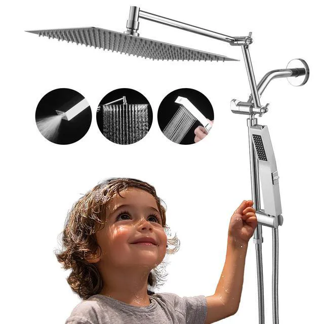 Alt view image 7 of 7 - All Metal 12 Inch Rain Shower Head with Handheld Spray Combo, High Pressure Waterfall Rainfall Square Shower Heads with 16" Adjustable Extension Arm, Dual Showerhead with 3-Way Diverter, Chrome