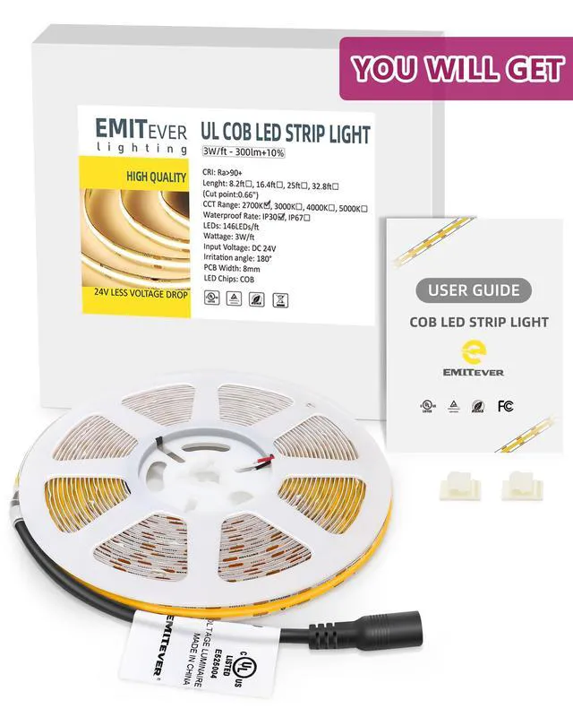 Alt view image 7 of 7 - 24V COB LED Strip Lights 2700K,25ft 3600LEDs,UL Listed Ra 90+,IP30,3W/ft,305+Lumens/ft, (Power Supply Sold Separately)for bedroom,living room,kitchen