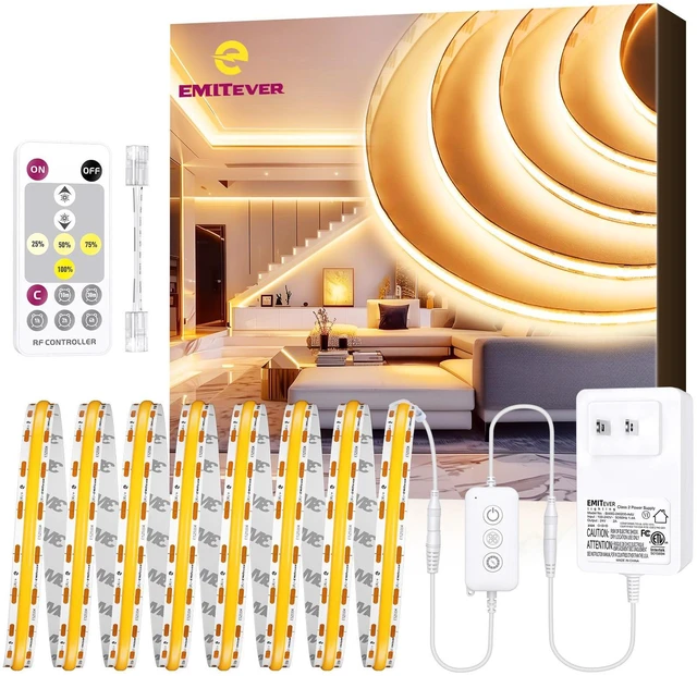 Main image of Warm White COB Strip Light Kit 2700K,16.4ft 2400LEDs,24V Dimmable CRI 90+,305+LM/ft,ETL 48W power supply & remote included,UL listed Strip for living room,kitchen,under cabinet & shelving