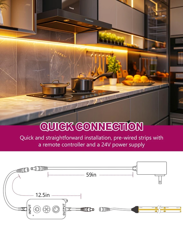 Alt view image 3 of 7 - Warm White COB Strip Light Kit 2700K,16.4ft 2400LEDs,24V Dimmable CRI 90+,305+LM/ft,ETL 48W power supply & remote included,UL listed Strip for living room,kitchen,under cabinet & shelving
