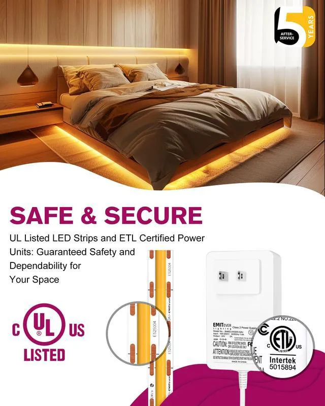 Alt view image 5 of 7 - Warm White COB Strip Light Kit 2700K,16.4ft 2400LEDs,24V Dimmable CRI 90+,305+LM/ft,ETL 48W power supply & remote included,UL listed Strip for living room,kitchen,under cabinet & shelving