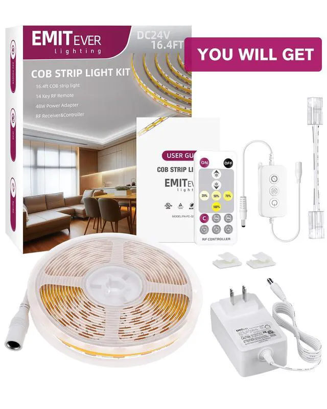 Alt view image 7 of 7 - Warm White COB Strip Light Kit 2700K,16.4ft 2400LEDs,24V Dimmable CRI 90+,305+LM/ft,ETL 48W power supply & remote included,UL listed Strip for living room,kitchen,under cabinet & shelving
