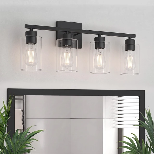 Main image of 4 Light Bathroom Vanity Light - Matte Black Bathroom Light Fixtures UL Certification, Round Light Fixture Over Mirror, Farmhouse Light Fixtures for Bathroom & Bedroom
