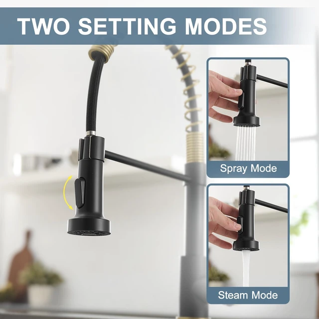 Alt view image 2 of 7 - Black and Gold Kitchen Faucet with Pull Down Sprayer,Single Handle Spring Sink Faucets,Dual Function Spray & Stream,360° Rotation,16" Height,for Farmhouse, RV, Camper, Laundry, Bar