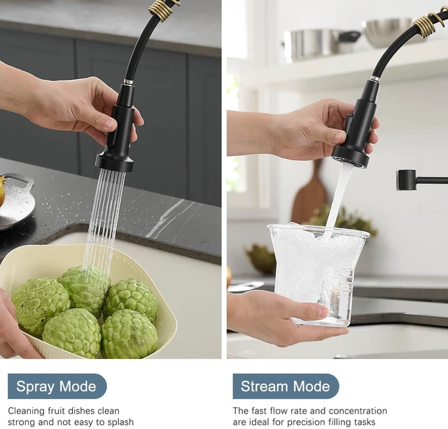 Alt view image 4 of 7 - Black and Gold Kitchen Faucet with Pull Down Sprayer,Single Handle Spring Sink Faucets,Dual Function Spray & Stream,360° Rotation,16" Height,for Farmhouse, RV, Camper, Laundry, Bar