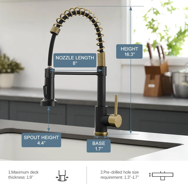 Alt view image 5 of 7 - Black and Gold Kitchen Faucet with Pull Down Sprayer,Single Handle Spring Sink Faucets,Dual Function Spray & Stream,360° Rotation,16" Height,for Farmhouse, RV, Camper, Laundry, Bar