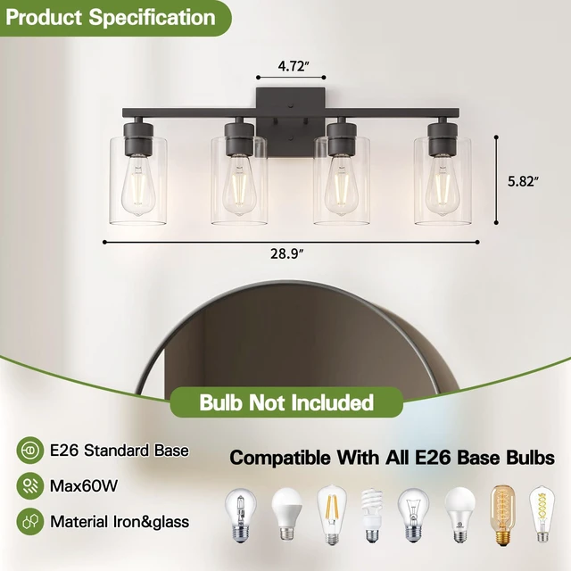 Alt view image 3 of 7 - 4 Light Bathroom Vanity Light - Matte Black Bathroom Light Fixtures UL Certification, Round Light Fixture Over Mirror, Farmhouse Light Fixtures for Bathroom & Bedroom