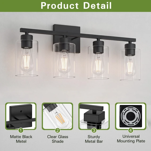 Alt view image 4 of 7 - 4 Light Bathroom Vanity Light - Matte Black Bathroom Light Fixtures UL Certification, Round Light Fixture Over Mirror, Farmhouse Light Fixtures for Bathroom & Bedroom