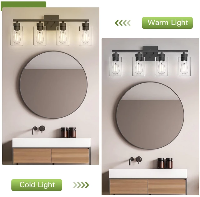 Alt view image 5 of 7 - 4 Light Bathroom Vanity Light - Matte Black Bathroom Light Fixtures UL Certification, Round Light Fixture Over Mirror, Farmhouse Light Fixtures for Bathroom & Bedroom