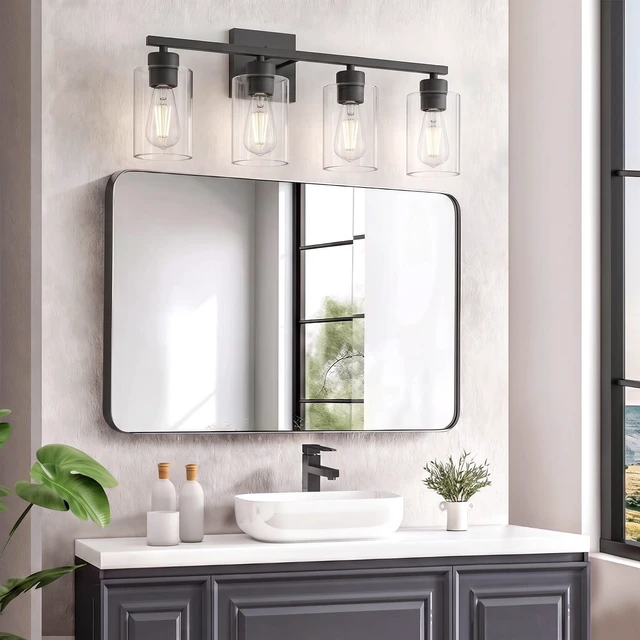 Alt view image 6 of 7 - 4 Light Bathroom Vanity Light - Matte Black Bathroom Light Fixtures UL Certification, Round Light Fixture Over Mirror, Farmhouse Light Fixtures for Bathroom & Bedroom