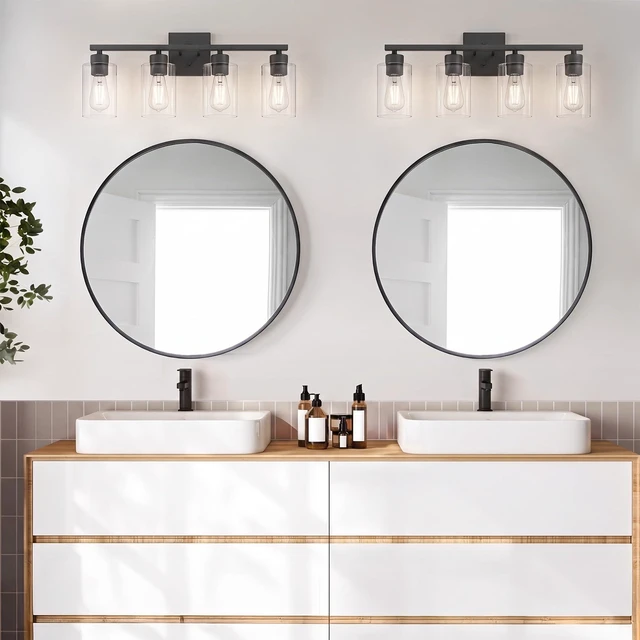 Alt view image 7 of 7 - 4 Light Bathroom Vanity Light - Matte Black Bathroom Light Fixtures UL Certification, Round Light Fixture Over Mirror, Farmhouse Light Fixtures for Bathroom & Bedroom