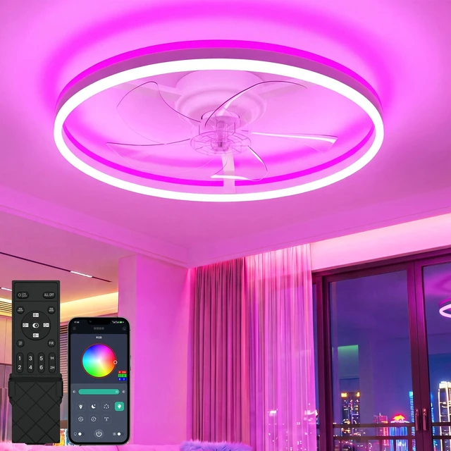 Main image of RGB Ceiling Fan with Light and Remote,20" Fandelier Smart Ceiling Fan,White Low Profile Ceiling Fan with Light, Dimmable Flush Mount Ceiling Fan, Modern Bladeless Ceiling Fan, 6 Speeds Ceiling Fan RGB