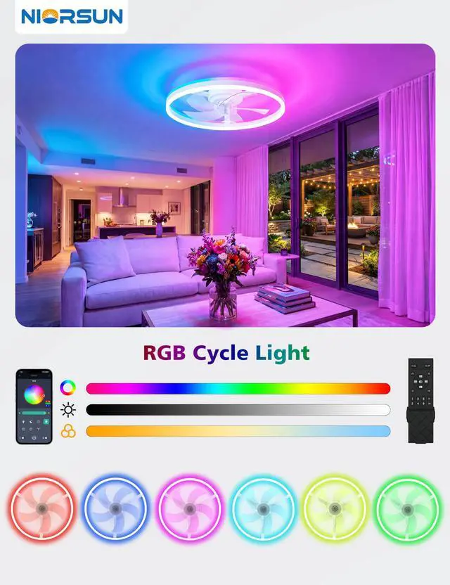 Alt view image 2 of 7 - RGB Ceiling Fan with Light and Remote,20" Fandelier Smart Ceiling Fan,White Low Profile Ceiling Fan with Light, Dimmable Flush Mount Ceiling Fan, Modern Bladeless Ceiling Fan, 6 Speeds Ceiling Fan RGB