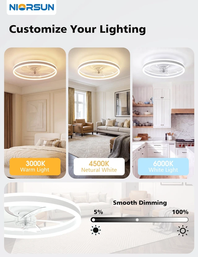 Alt view image 3 of 7 - RGB Ceiling Fan with Light and Remote,20" Fandelier Smart Ceiling Fan,White Low Profile Ceiling Fan with Light, Dimmable Flush Mount Ceiling Fan, Modern Bladeless Ceiling Fan, 6 Speeds Ceiling Fan RGB