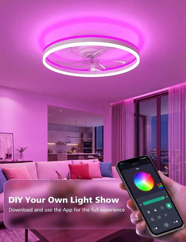 Alt view image 4 of 7 - RGB Ceiling Fan with Light and Remote,20" Fandelier Smart Ceiling Fan,White Low Profile Ceiling Fan with Light, Dimmable Flush Mount Ceiling Fan, Modern Bladeless Ceiling Fan, 6 Speeds Ceiling Fan RGB