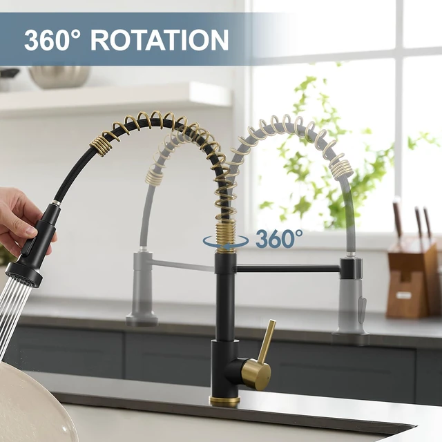 Alt view image 6 of 7 - Black and Gold Kitchen Faucet with Pull Down Sprayer,Single Handle Spring Sink Faucets,Dual Function Spray & Stream,360° Rotation,16" Height,for Farmhouse, RV, Camper, Laundry, Bar