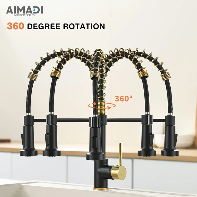 Alt view image 7 of 7 - Black and Gold Kitchen Faucet with Pull Down Sprayer,Single Handle Spring Sink Faucets,Dual Function Spray & Stream,360° Rotation,16" Height,for Farmhouse, RV, Camper, Laundry, Bar
