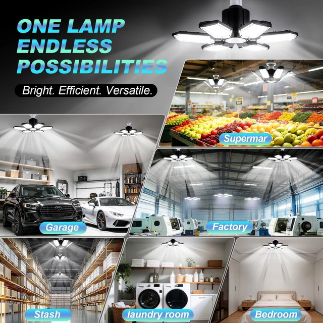 Alt view image 5 of 7 - Led Garage Lights Bulb 6 Pack 200W Super Bright Ceiling Led Shop Lights, E26/E27 Base, 6500K, 20000LM Deformable Led Garage Light for Basement, Attic and Workshop Commercial Bay Lighting