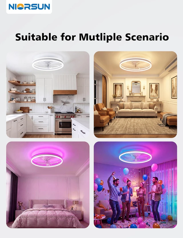 Alt view image 7 of 7 - RGB Ceiling Fan with Light and Remote,20" Fandelier Smart Ceiling Fan,White Low Profile Ceiling Fan with Light, Dimmable Flush Mount Ceiling Fan, Modern Bladeless Ceiling Fan, 6 Speeds Ceiling Fan RGB