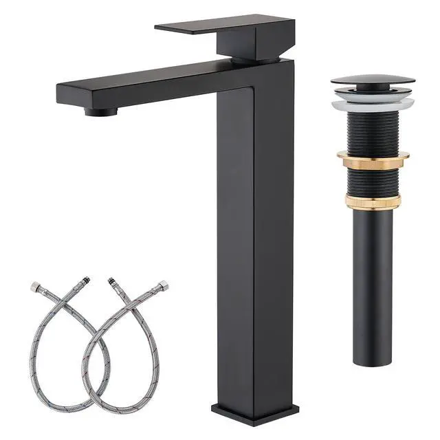 Main image of Matte Black Vessel Sink Faucet, 1 Hole Single Handle Tall Faucets Vanity Modern Utility Rv Laundry Bath Restroom Mixer Tap with Metal Pop Up Drain and 2 Water Supply Line