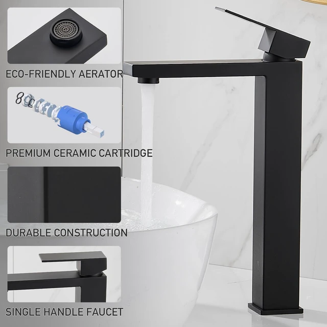 Alt view image 3 of 7 - Matte Black Vessel Sink Faucet, 1 Hole Single Handle Tall Faucets Vanity Modern Utility Rv Laundry Bath Restroom Mixer Tap with Metal Pop Up Drain and 2 Water Supply Line