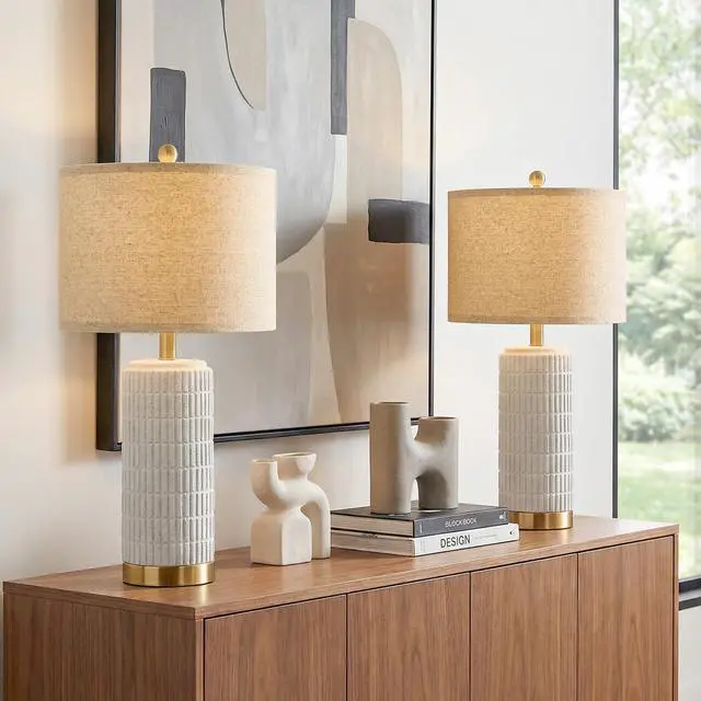 Main image of Farmhouse Table Lamps for Living Room Set of 2 with Gold Base, 25'' Stone-Like Bedside Lamps for Bedroom Night Stands, Ructic Ceramic Lamp for Office Hallway End Table Dorm (Frosted White)