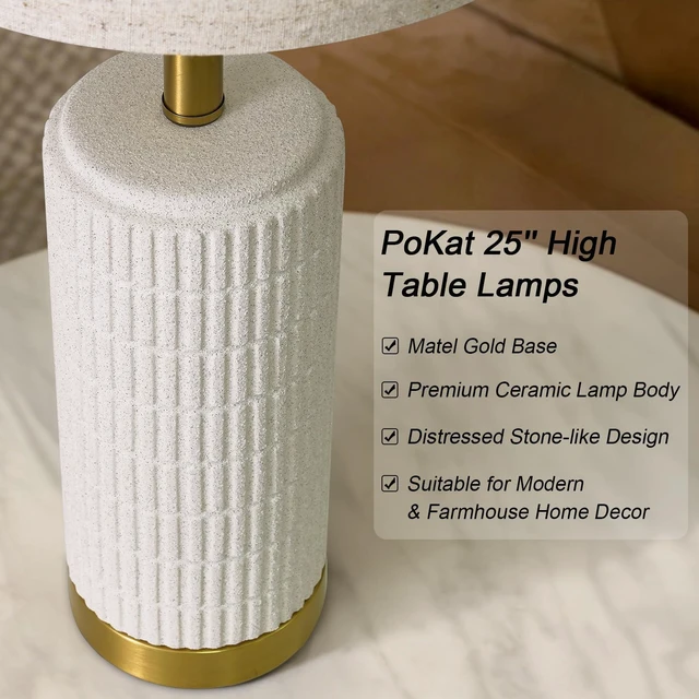 Alt view image 2 of 7 - Farmhouse Table Lamps for Living Room Set of 2 with Gold Base, 25'' Stone-Like Bedside Lamps for Bedroom Night Stands, Ructic Ceramic Lamp for Office Hallway End Table Dorm (Frosted White)
