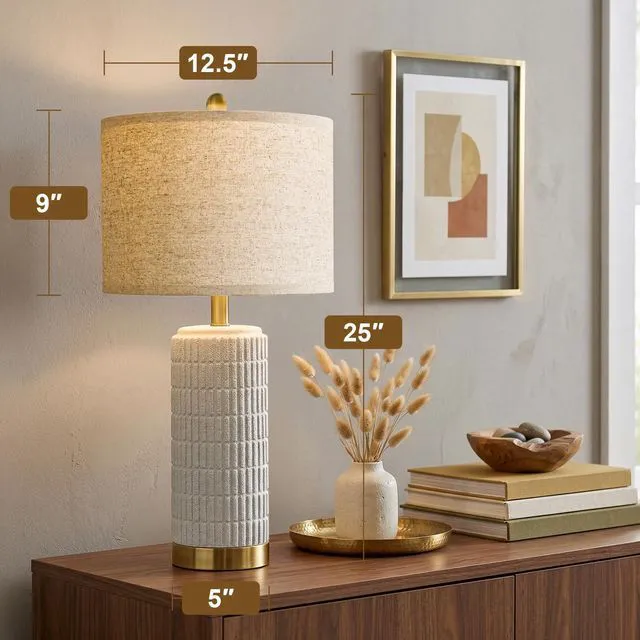 Alt view image 4 of 7 - Farmhouse Table Lamps for Living Room Set of 2 with Gold Base, 25'' Stone-Like Bedside Lamps for Bedroom Night Stands, Ructic Ceramic Lamp for Office Hallway End Table Dorm (Frosted White)
