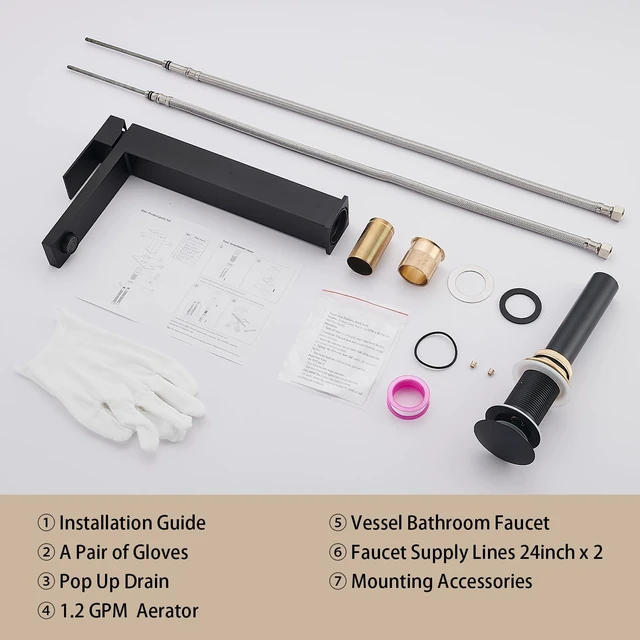Alt view image 7 of 7 - Matte Black Vessel Sink Faucet, 1 Hole Single Handle Tall Faucets Vanity Modern Utility Rv Laundry Bath Restroom Mixer Tap with Metal Pop Up Drain and 2 Water Supply Line
