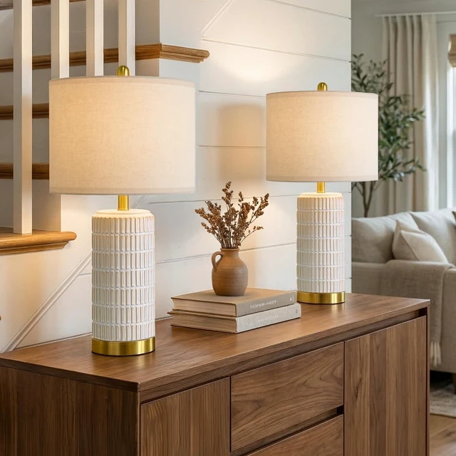 Main image of Ceramic Table Lamps Set of 2 for Bedroom Living Room, 21.5'' White Bedside Lamps for Nightstands, Compact Size, Modern Design with Gold Base, Farmhouse Home Decor for Living Room End Table