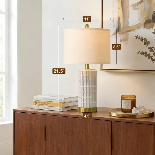 Alt view image 3 of 7 - Ceramic Table Lamps Set of 2 for Bedroom Living Room, 21.5'' White Bedside Lamps for Nightstands, Compact Size, Modern Design with Gold Base, Farmhouse Home Decor for Living Room End Table