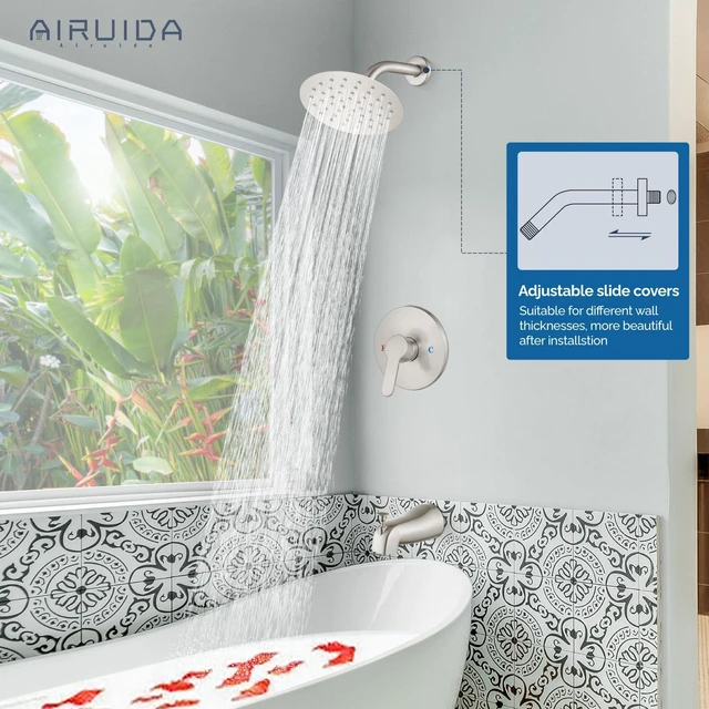 Alt view image 3 of 7 - Shower Faucet Set with Tub Spout,6" Bathtub Faucet-Brushed Nickel Male Threads Rough-In Valve,Round Head Shower System,Tub and Shower Kit Set