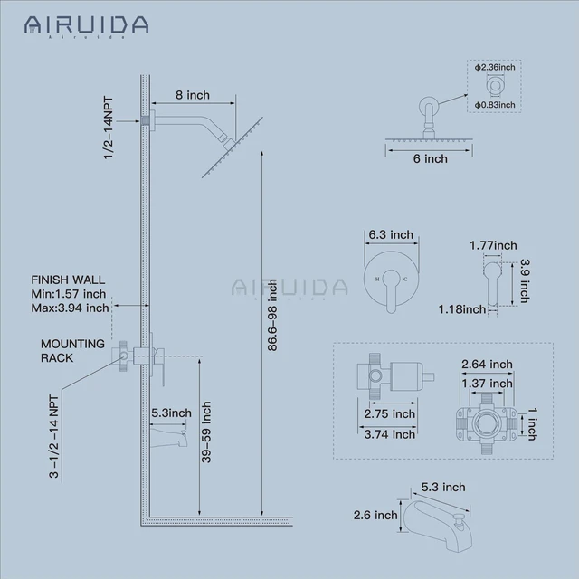 Alt view image 6 of 7 - Shower Faucet Set with Tub Spout,6" Bathtub Faucet-Chrome Polish Male Threads Rough-In Valve,Round Head Shower System,Tub and Shower Kit Set
