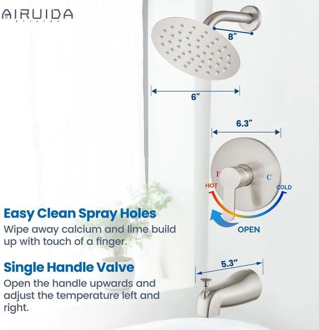 Alt view image 4 of 7 - Shower Faucet Set with Tub Spout,6" Bathtub Faucet-Brushed Nickel Male Threads Rough-In Valve,Round Head Shower System,Tub and Shower Kit Set