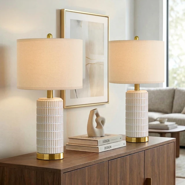 Alt view image 7 of 7 - Ceramic Table Lamps Set of 2 for Bedroom Living Room, 21.5'' White Bedside Lamps for Nightstands, Compact Size, Modern Design with Gold Base, Farmhouse Home Decor for Living Room End Table