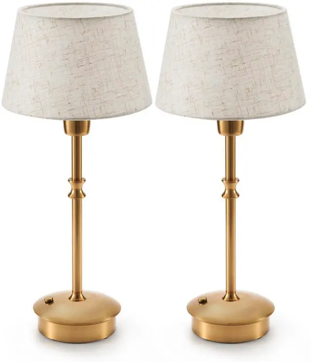 Main image of 2 Pack Small Cordless Rechargeable Table Lamp, Battery Operated Lamp 3 Level Brightness Dimmable, Portable Accent Light for End Table Restaurant Dining Outdoor, Beige Fabric Shade, Antique Brass